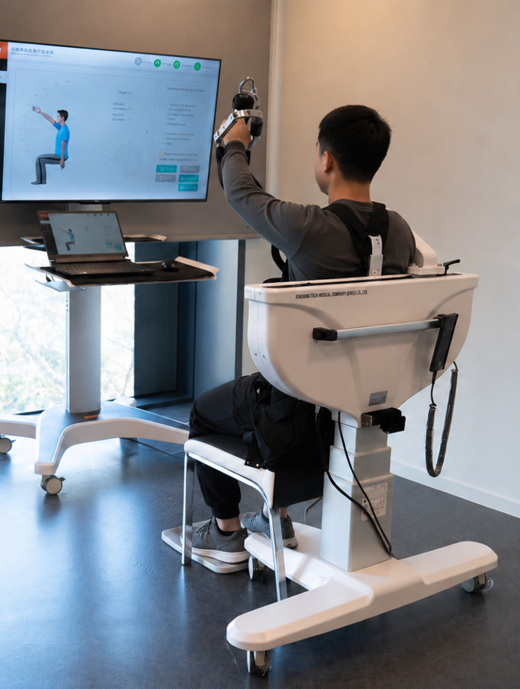 El kol robotu ile üst ekstremite rehabilitasyonu yapan hasta