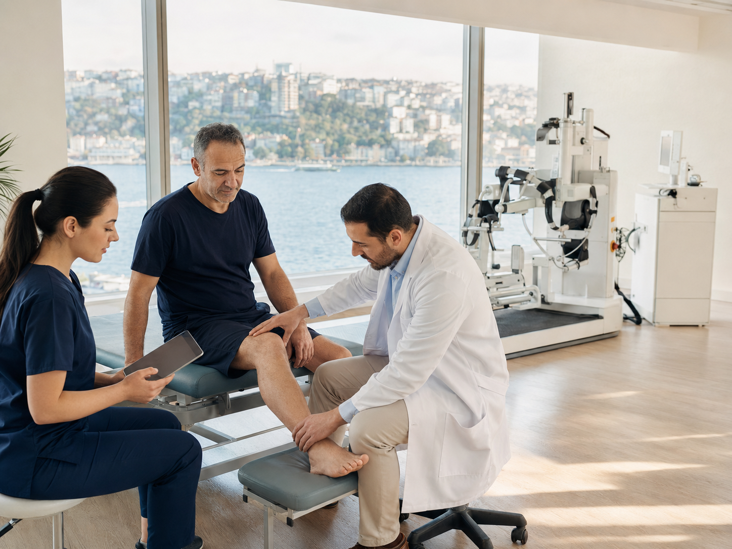 İstanbul’da robotik fizik tedavi öncesinde hastanın hareket kabiliyetini değerlendiren rehabilitasyon ekibi