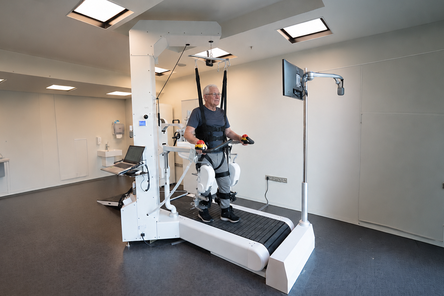 NX-A3 yürüme robotu ile robotik yürüme rehabilitasyonu yapan hasta
