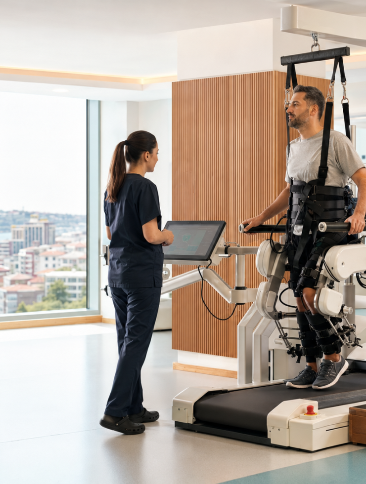 İstanbul’da fizyoterapist eşliğinde robotik fizik tedavi ve yürüme eğitimi alan hasta