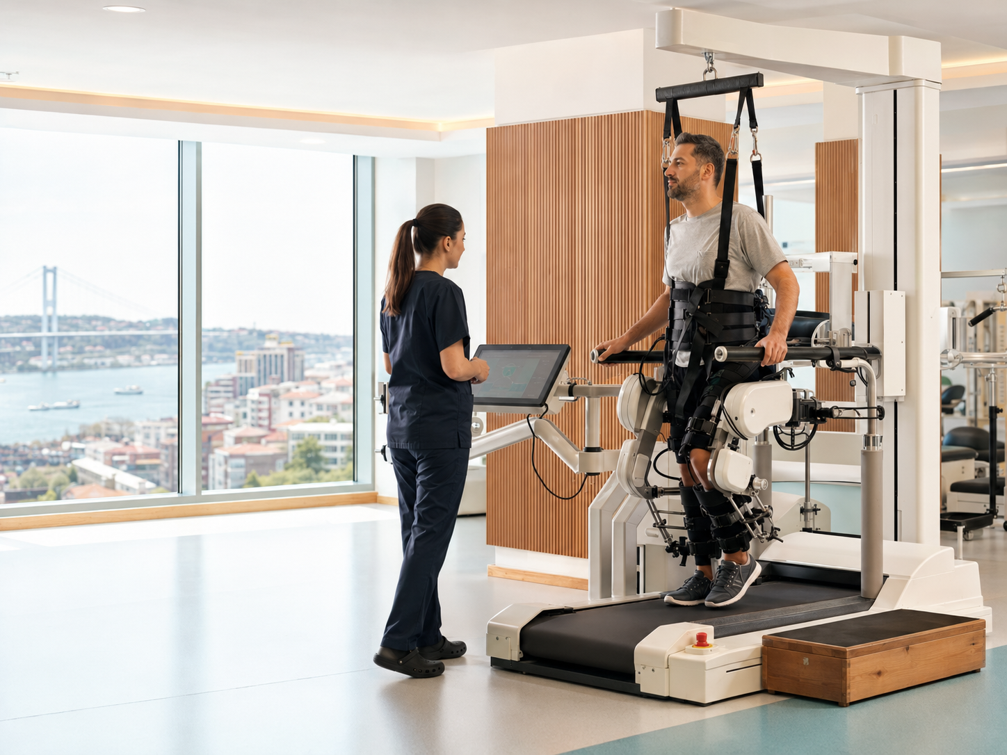 İstanbul’da fizyoterapist eşliğinde robotik fizik tedavi ve yürüme eğitimi alan hasta