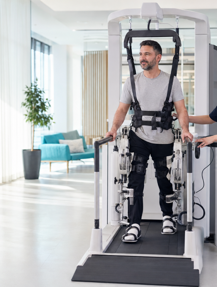 Yürüme robotu ile fizyoterapist eşliğinde robotik yürüme eğitimi alan hasta