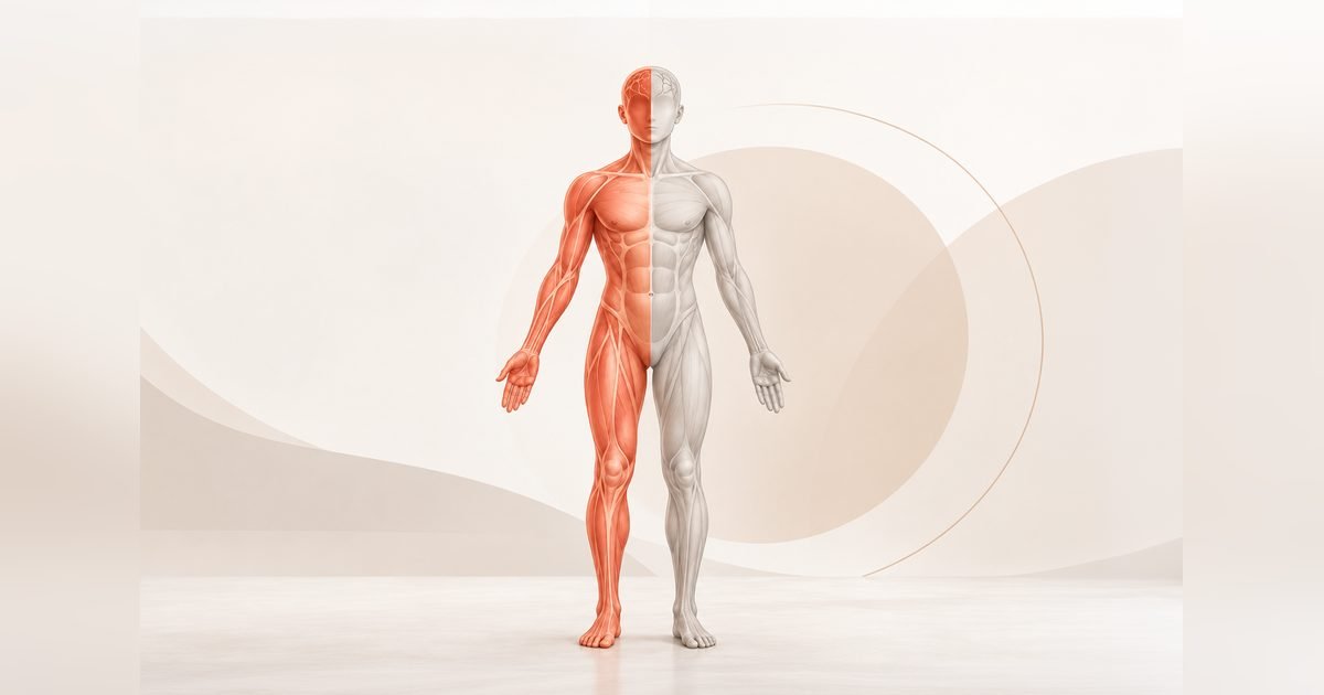 Vücudun bir yarısı renkli gösterilen anatomik figür; hemiplejideki tek taraflı güçsüzlüğü anlatan görsel
