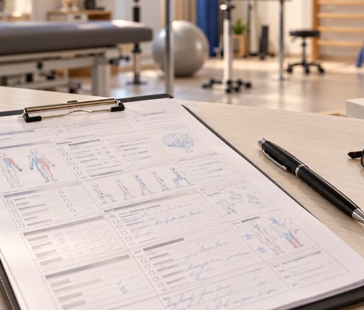 Klinik masasında değerlendirme formu ve ölçüm notları; nörolojik rehabilitasyonda ilerlemenin izlenmesi