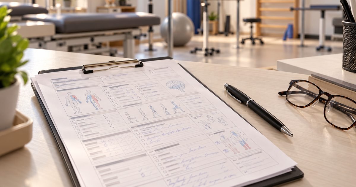 Klinik masasında değerlendirme formu ve ölçüm notları; nörolojik rehabilitasyonda ilerlemenin izlenmesi