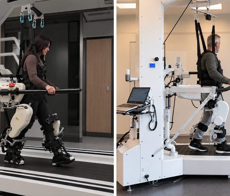 İki farklı robotik yürüme eğitim sistemi yan yana; karşılaştırma görseli