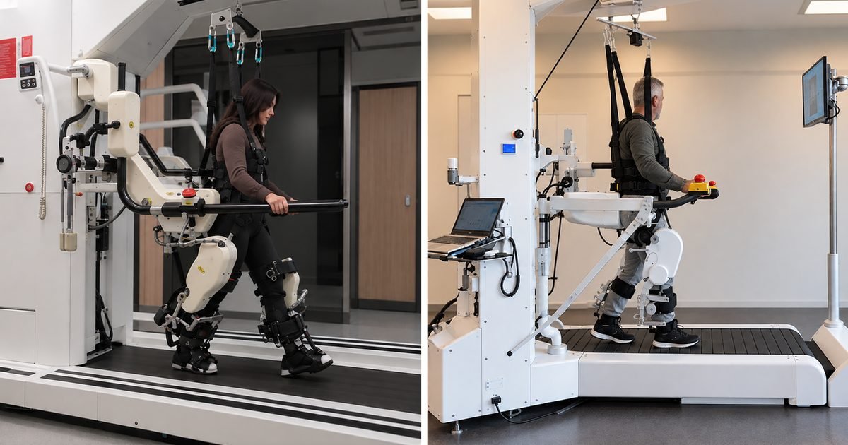 İki farklı robotik yürüme eğitim sistemi yan yana; karşılaştırma görseli